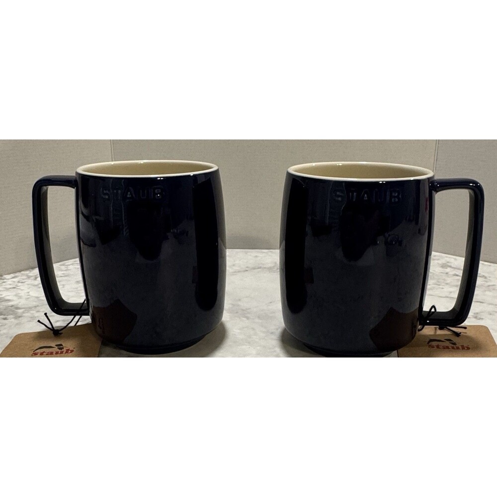 Set of 2 New Staub Dark Blue 16oz Coffee Mugs Stackable